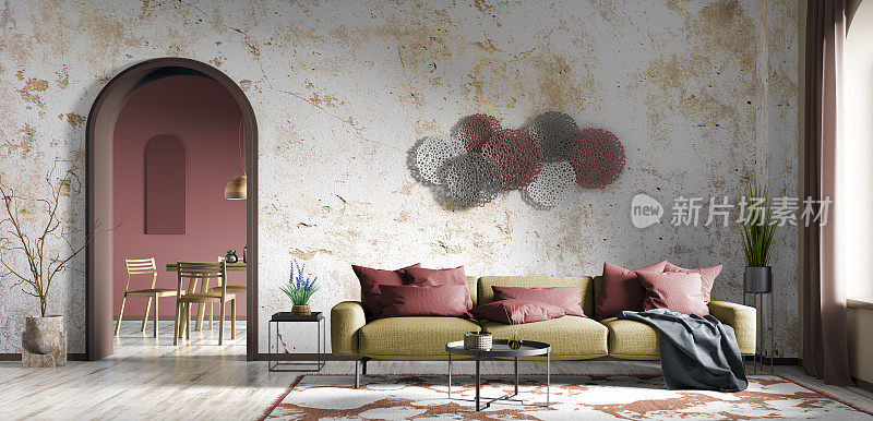 现代客厅内饰黄色沙发，混凝土灰泥墙与拱形门，家居设计3d效果图
