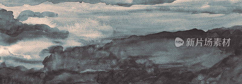 手工制作黑灰云景纹理水彩画原图抽象背景横幅。高分辨率扫描文件技术。