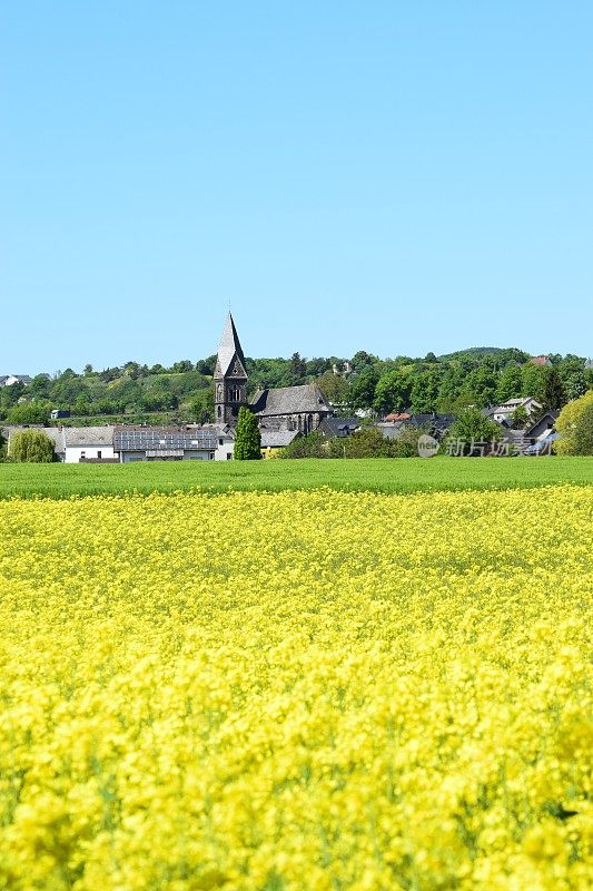 村子Thür，黄色的田野后面是黑暗的教堂塔楼