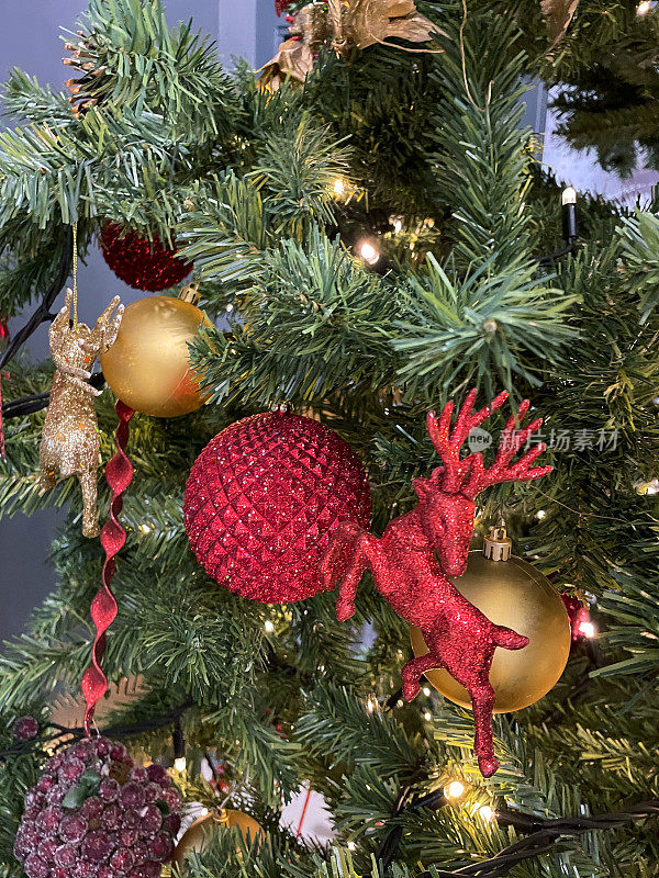 近距离拍摄的红色闪闪发光的驯鹿装饰挂在圣诞树的云杉针叶上，周围环绕着红色和金色的小饰物，模糊的白色仙女灯背景，重点放在前景