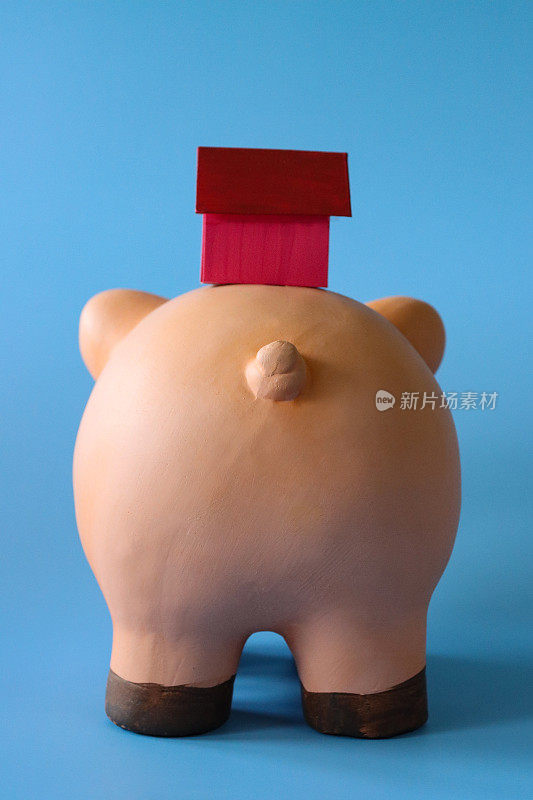 小猪存钱罐尾部与卷曲尾巴的特写图像，粉红色，模型纸板房子平衡在小猪存钱罐背部，蓝色背景，家庭财务和储蓄概念