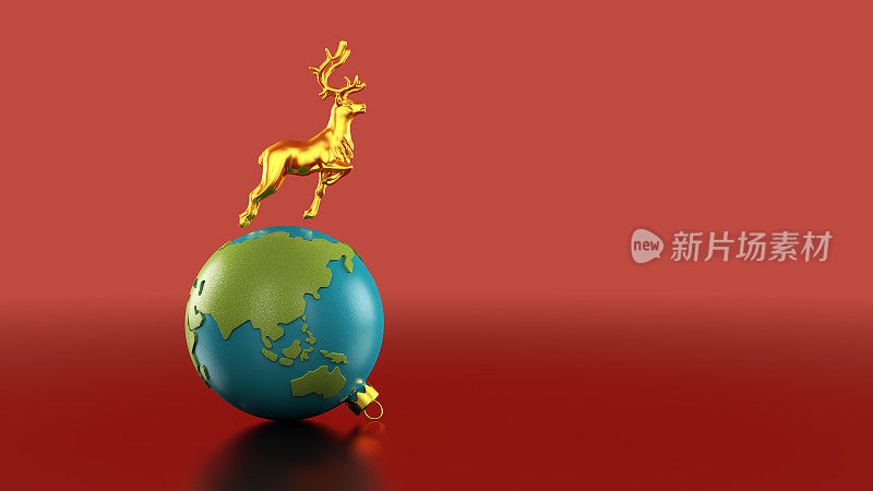 3D插图的金色驯鹿跳跃地球圣诞装饰显示美洲在光滑的红色背景与圣诞快乐的信息