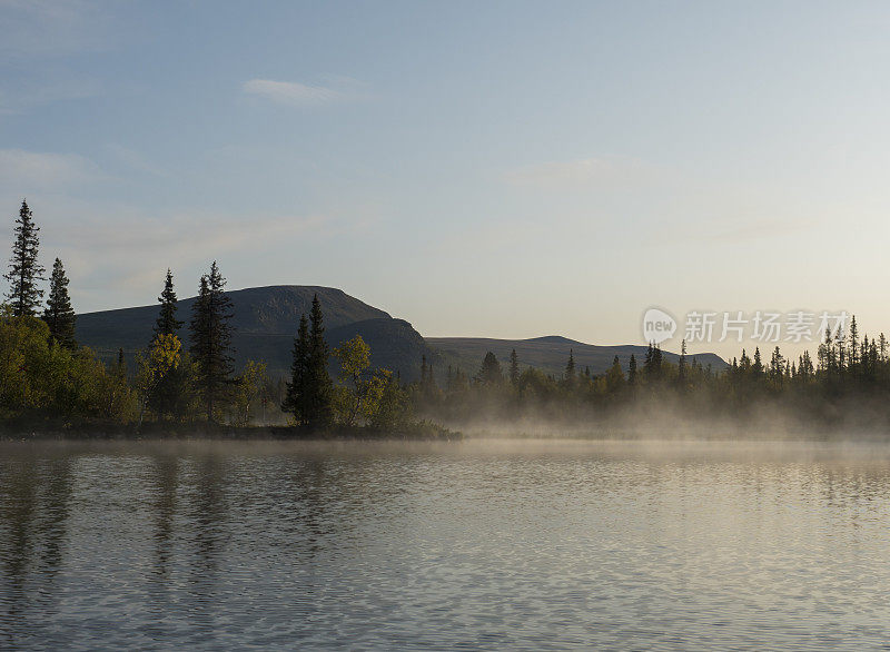 美丽的早晨在Sjabatjakjaure湖与薄雾在瑞典拉普兰自然。高山、白桦树、云杉林、巨石和草地。天空，云和清澈的水。