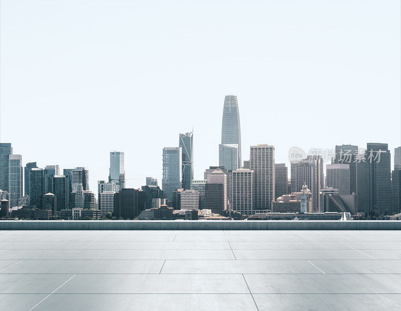 空混凝土屋顶的背景上一个美丽的旧金山城市天际线在白天，模拟