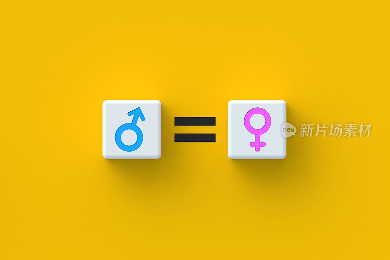 立方体上的性别符号接近等号。性别平等概念。男女团结。男女权利。三维渲染