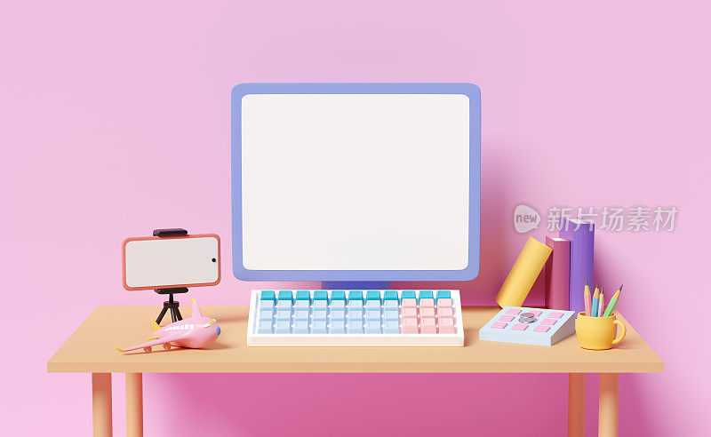 3d笔记本电脑在桌子上与空白屏幕，键盘，手机，智能手机在粉红色的房间。在线视频直播，通信应用，通知消息，3d渲染