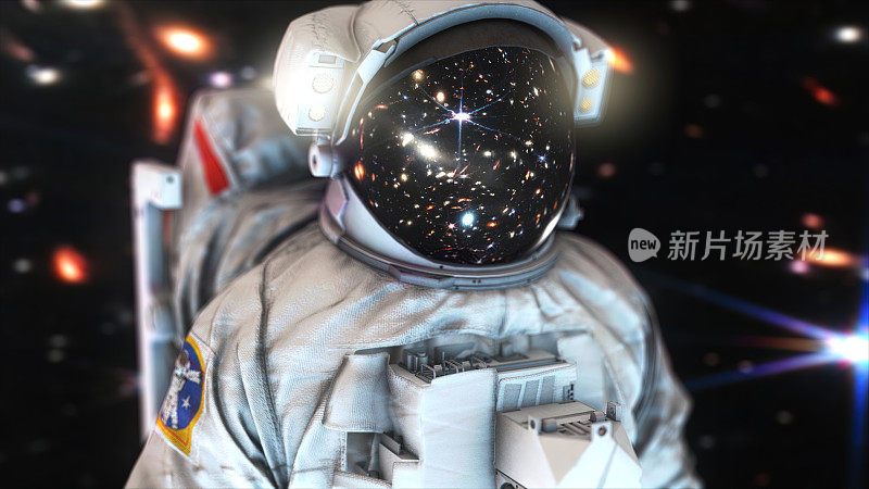 探索无限的宇宙:一位有远见的宇航员穿着尖端的太空服开始了一次太空漫游。最高质量渲染。