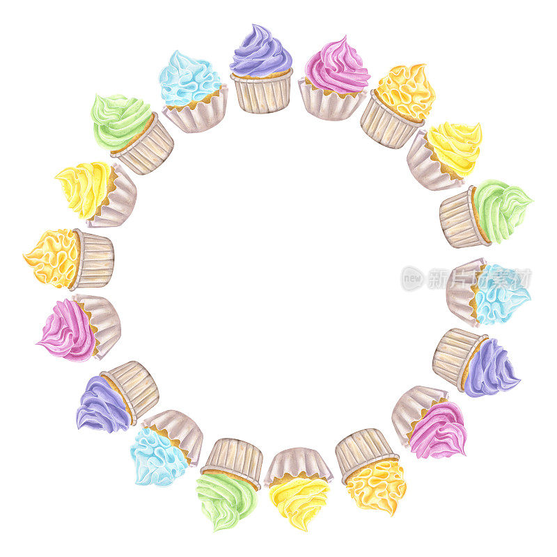 圆形框架花环彩虹五颜六色的纸杯蛋糕松饼，甜打发奶油。食物的剪纸艺术。手绘水彩插图孤立的白色背景。为咖啡馆菜单糕点店