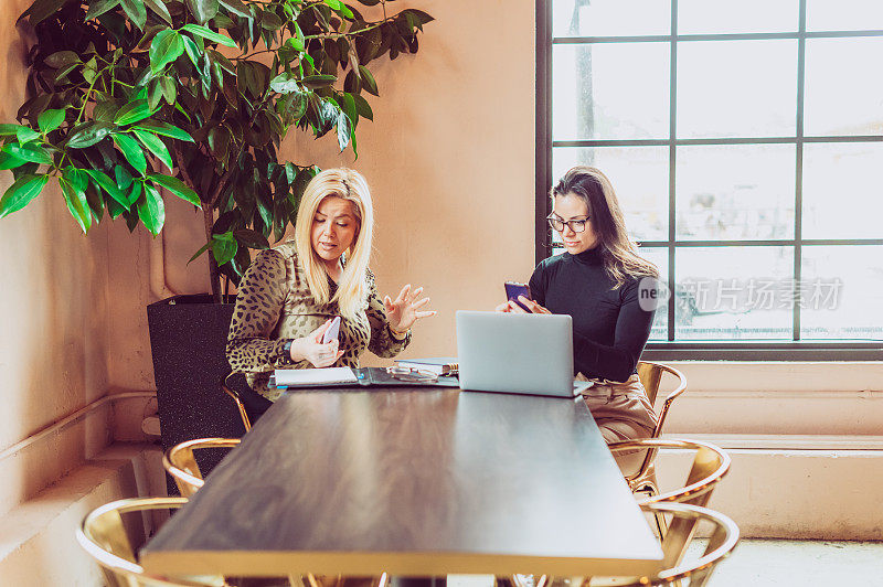 工作中的女性，会议桌旁拿着笔记本电脑的两位女企业家，商业伙伴或客户和代理人