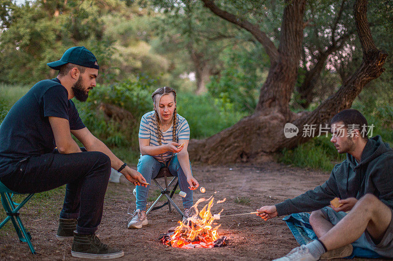 年轻的朋友们在户外玩耍，他们围坐在篝火旁烤棉花糖