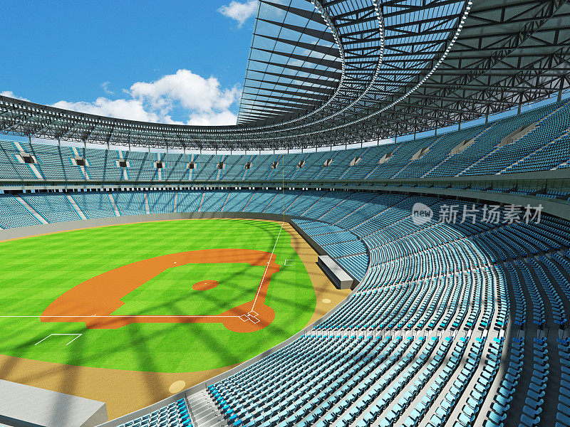 漂亮的现代棒球体育场，天蓝色的座位和包厢