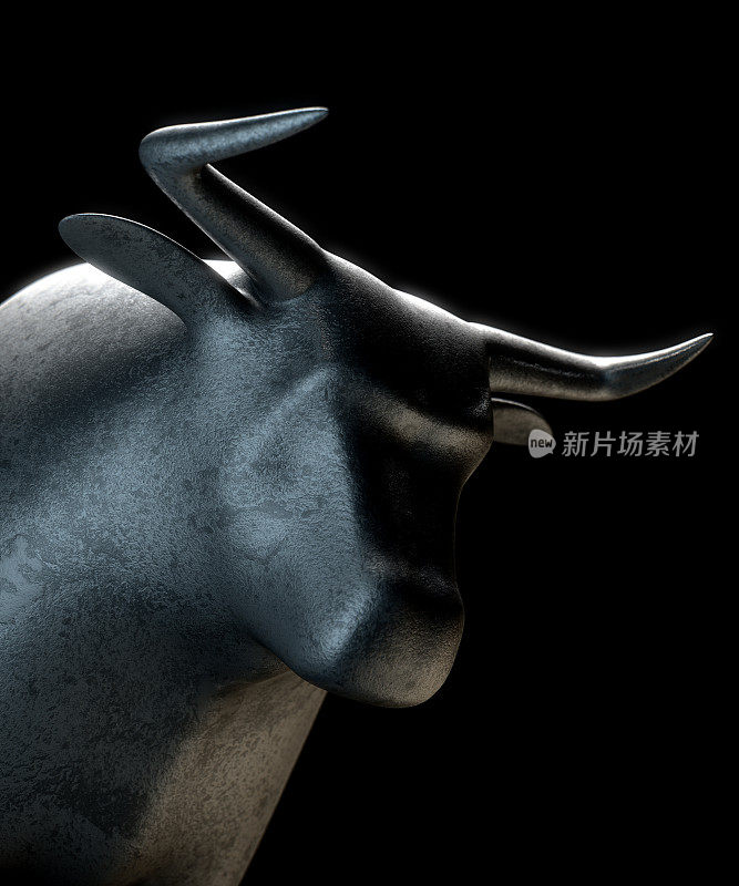金属铸造描绘了一个程式化的公牛在戏剧性的光代表金融市场的趋势