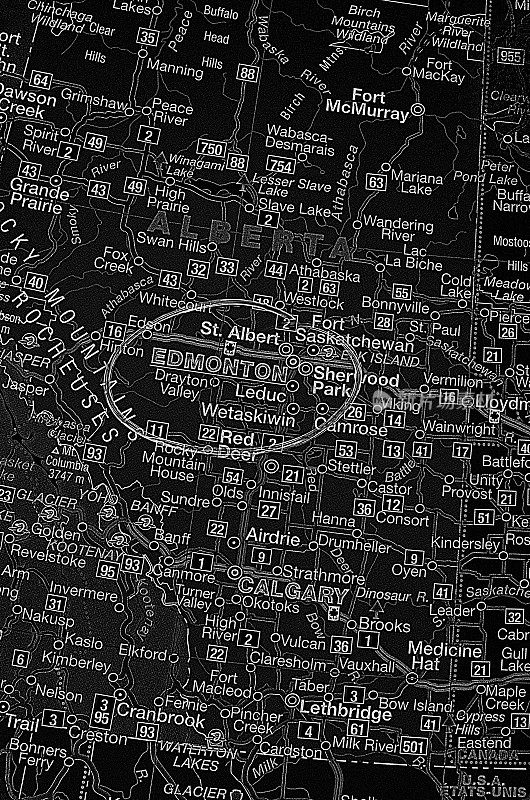 艾伯塔省和埃德蒙顿在地图上——黑白分明。
