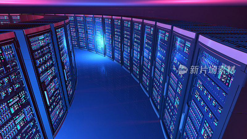 未来的云计算数据中心，有一排排的蓝色服务器