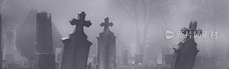 雾气弥漫的夜晚，一个阴森恐怖的墓地