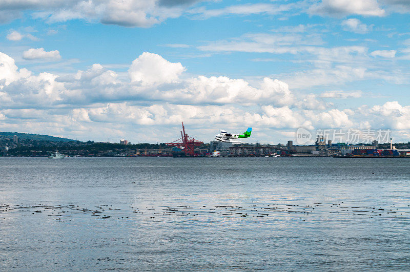 绿、白、蓝三色水上飞机飞越北温哥华附近的伯拉德湾