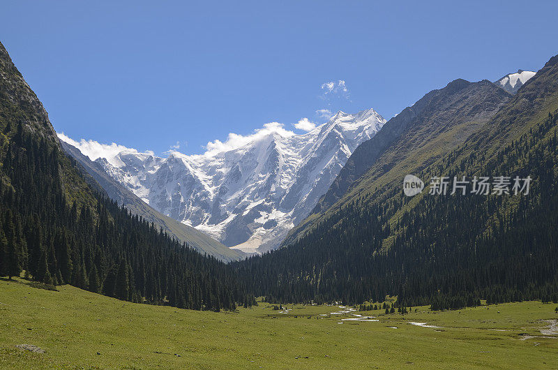山谷位于风景如画的天山山脉，吉尔吉斯斯坦喀喇昆仑山，中亚。阿尔金·阿拉山，Jety-Oguz山谷阳光明媚的草地