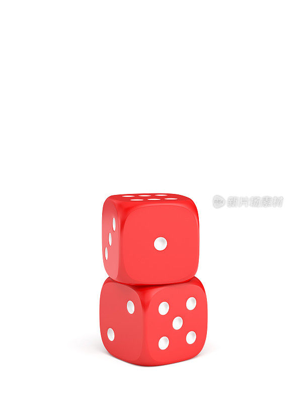 3d渲染的两个红色骰子与白色核垂直站在白色的背景