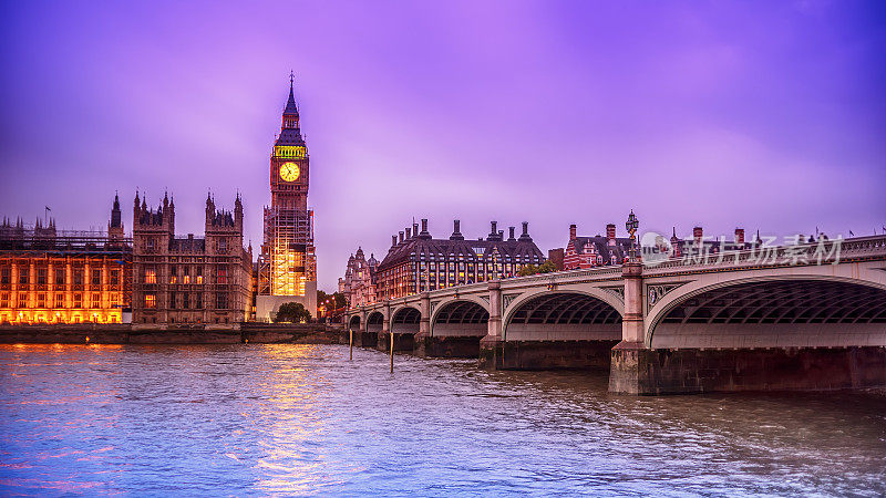 英国伦敦:从泰晤士河对面眺望威斯敏斯特宫、大本钟、伊丽莎白塔
