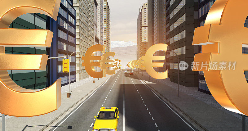 城市里的欧元标志——飞过马路