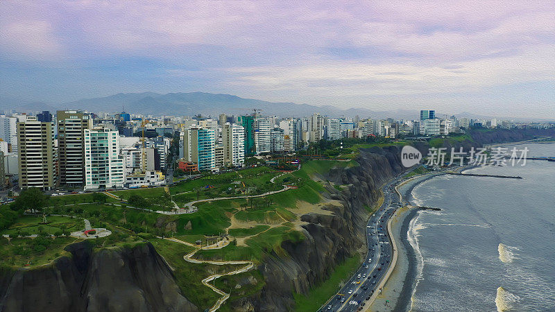 油画全景鸟瞰图米拉弗洛雷斯区海岸线在利马，秘鲁