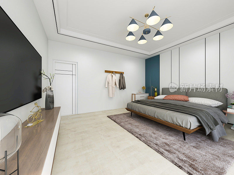宽敞现代的卧室设计，地毯在地板上，电视在前墙上和地板到天花板的窗户