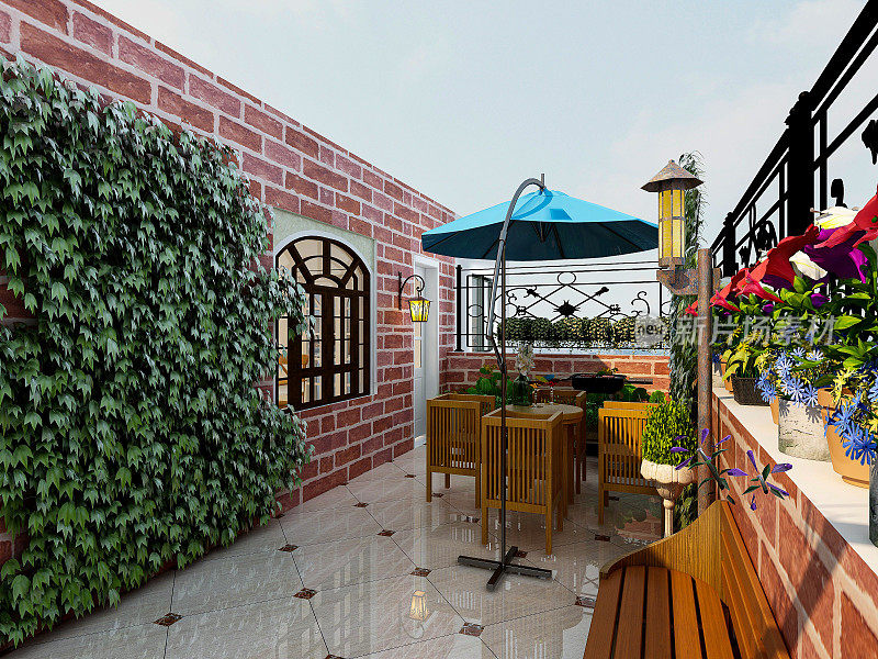 露天庭院的3D渲染、亭子、沙滩椅、绿色植物等