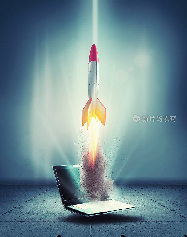 启动概念与火箭飞出笔记本电脑。开始网上业务。这是一个3d渲染图。