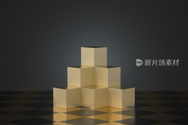 金色立方体形状舞台，3d渲染