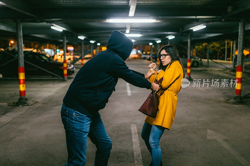 在停车场偷一个女人钱包的小偷