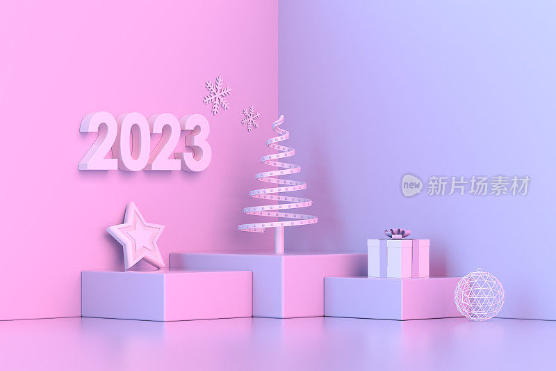 2023年新年，圣诞装饰裙，平台，霓虹灯
