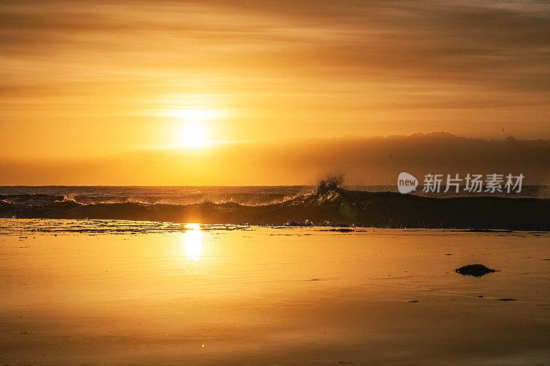 日出时海面上金色的晨光与水面的倒影