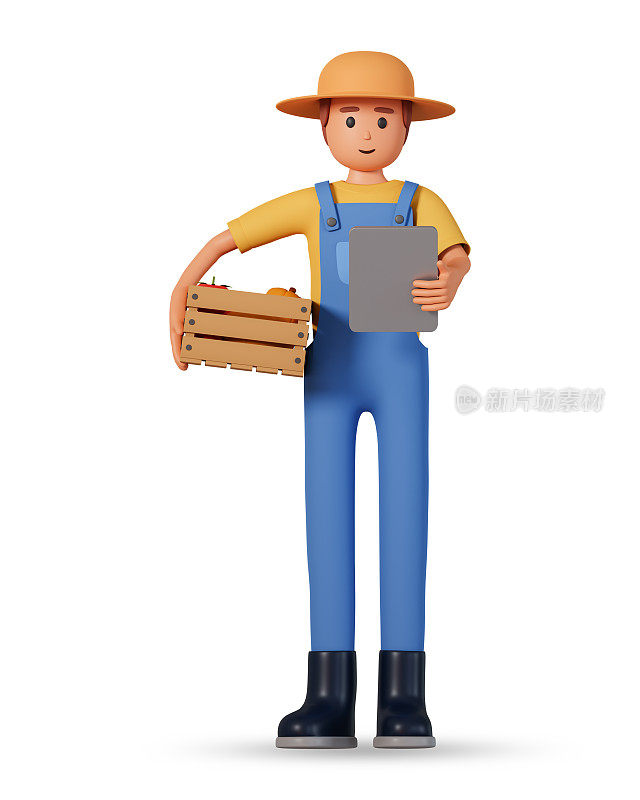 农民在工作服，帽子和胶靴举行木盒蔬菜在一只手和平板电脑在其他正面视图3d插图。三维插图的园丁人木盒子和平板电脑