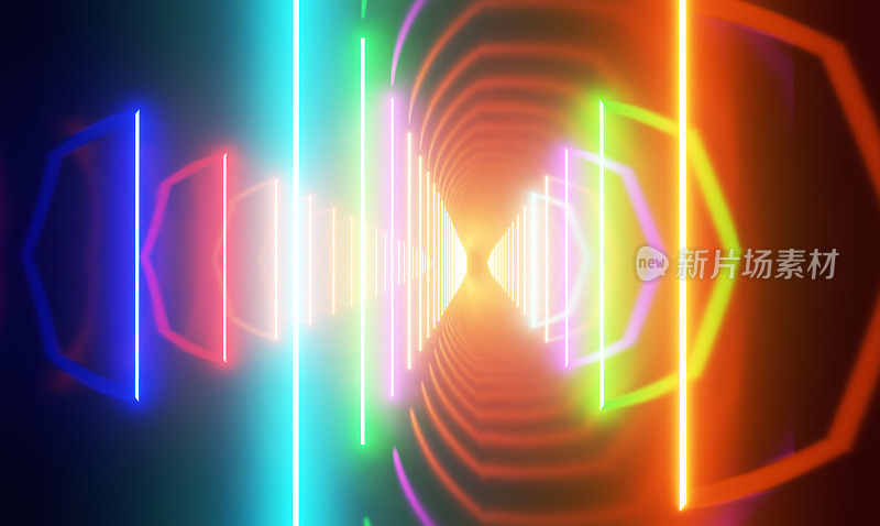 抽象的彩色霓虹灯垂直线条在缩小的角度隧道