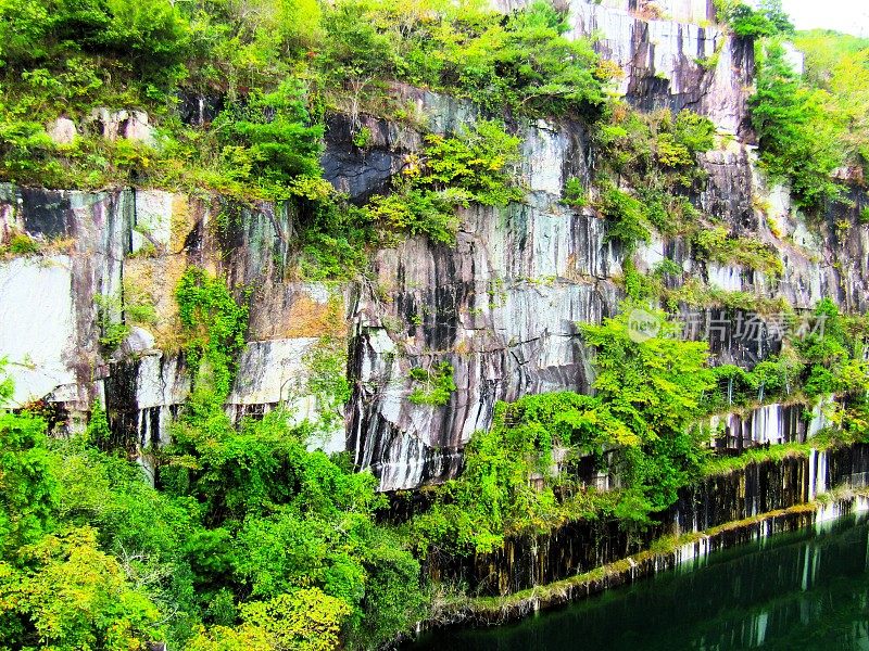 日本。小池塘周围的奇异岩石。