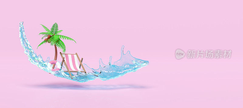 水溅沙滩椅，棕榈树，救生圈，空间隔离在粉红色的背景。夏季旅游概念，3d渲染插图