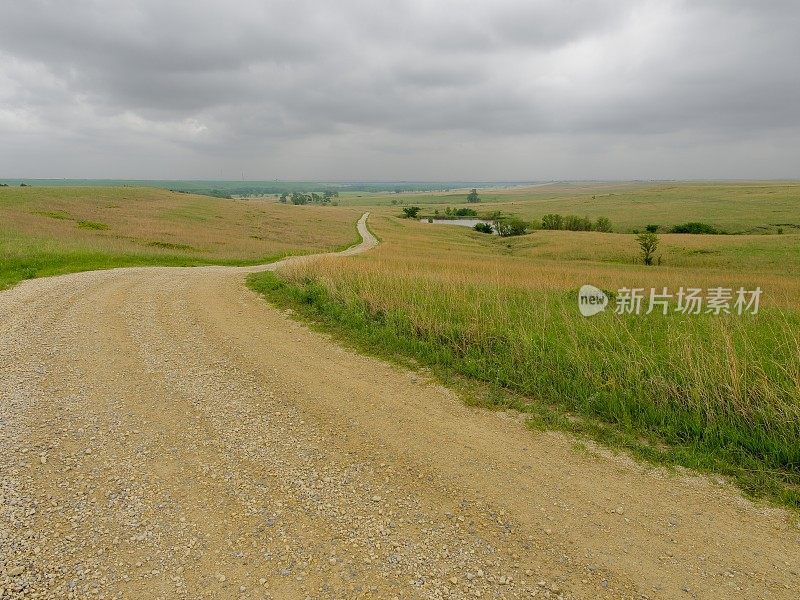 土路蜿蜒穿过堪萨斯州高草草原保护区的草地