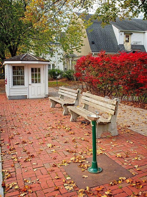 马萨诸塞州斯托克布里奇大街公交车站的长椅和饮水机