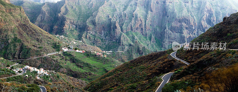 马斯卡村在特内里费岛的全景全景视图，山路，通道，在崎岖的景观特内里费岛，加那利群岛，西班牙，欧洲