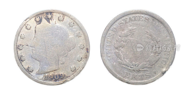 1909年美国自由女神头像V镍币5分片VG好5c美国硬币收藏品正面和背面背面隔离在白色背景