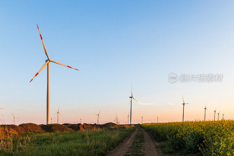 在黄昏晴朗的天空下，绿色农田里的土路上的水平轴风力涡轮机