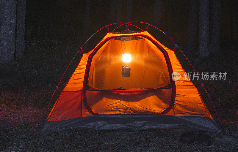 晚上在森林里搭帐篷