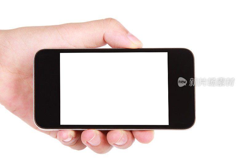 手持空白屏幕智能手机在白色背景
