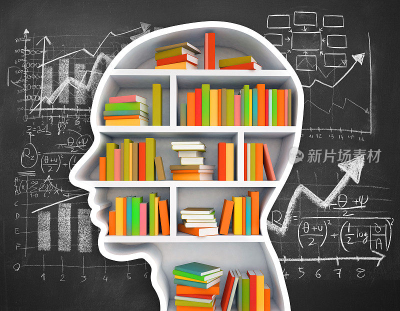 学生压力:脑袋里塞满书本和黑板上凌乱的数据