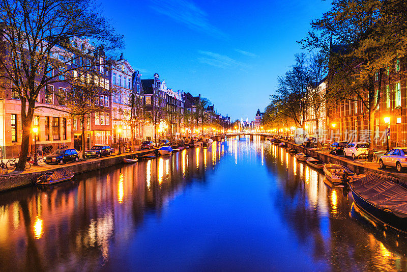 阿姆斯特丹城市景象夜间水渠
