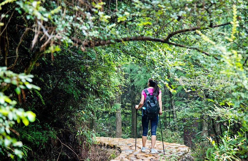 在树林里背着背包的年轻女性徒步旅行者