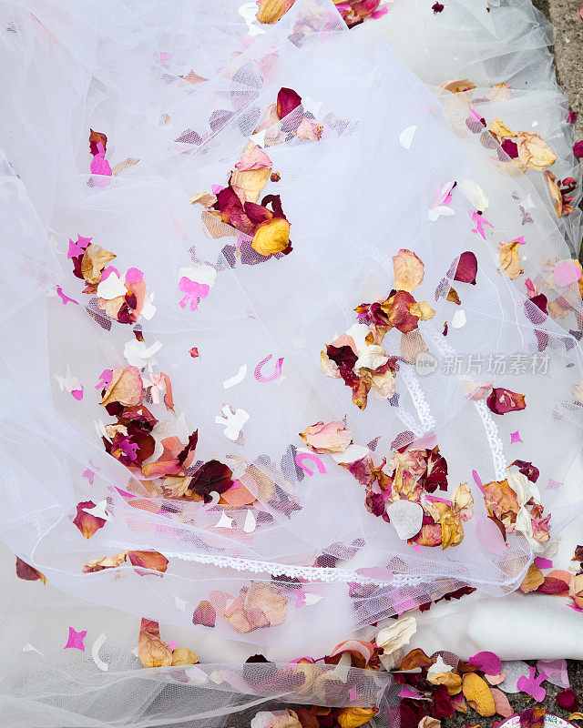 白色婚纱上的玫瑰花瓣碎纸