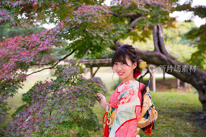 年轻的富里舍女人在日本花园