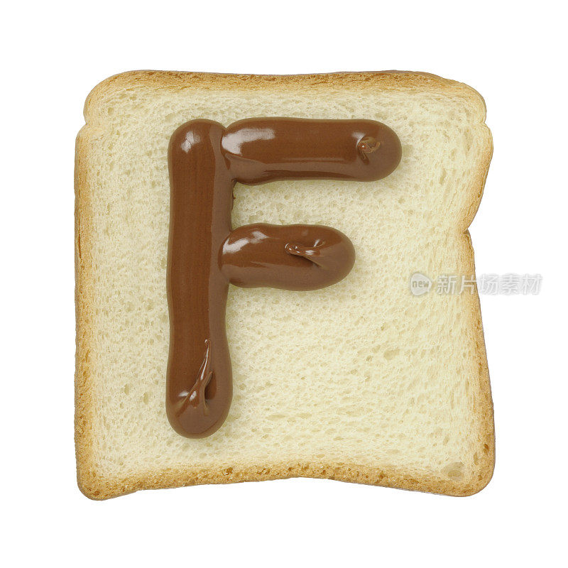 巧克力字母F在锡箔面包片，白色背景