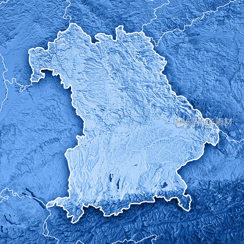 德国巴伐利亚自由州3D渲染地形图蓝色边界